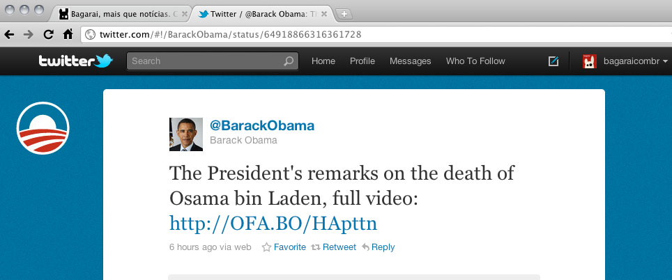 Obama fala no Twitter sobre a vitória americana no Paquistão (reprodução)