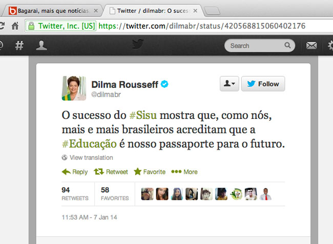 No Twitter, Dilma diz que brasileiros acreditam que a educação é passaporte para o futuro (reprodução)